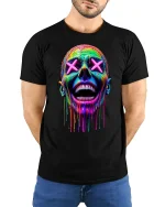 Neon Drip Smile Skull Art Streetwear T-Shirt - model with hands behind back, wearing Black T-shirt and blue jeans