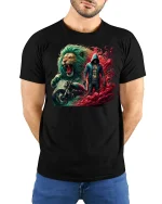 Fearless Lion Biker Spirit Fire and Power T-Shirt - model with hands behind back, wearing Black T-shirt and blue jeans