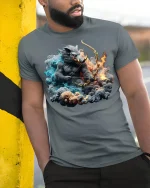 Boar Archer Fire and Ice Warrior T-Shirt - model leaning on yellow-black pole, wearing Gray T-shirt, hand in pocket