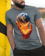 Fiery Earth Power Hand World Energy T-Shirt - model leaning on yellow-black pole, wearing Gray T-shirt, hand in pocket
