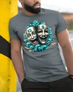 Comedy Tragedy Mask Money Power T-Shirt - model leaning on yellow-black pole, wearing Gray T-shirt, hand in pocket