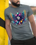 Winged 8 Ball Pool Legend T-Shirt - model leaning on yellow-black pole, wearing Gray T-shirt, hand in pocket