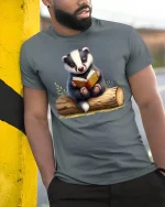 Cute Reading Badger Book Lover T-Shirt - model leaning on yellow-black pole, wearing Gray T-shirt, hand in pocket