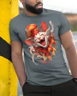 Funny Jester Cat Laughing Face T-Shirt - model leaning on yellow-black pole, wearing Gray T-shirt, hand in pocket