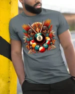 Billiard 8 Ball Tribal Eagle Pool T-Shirt - model leaning on yellow-black pole, wearing Gray T-shirt, hand in pocket
