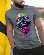 Neon Drip Smile Skull Art Streetwear T-Shirt - model leaning on yellow-black pole, wearing Gray T-shirt, hand in pocket