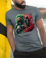 Fearless Lion Biker Spirit Fire and Power T-Shirt - model leaning on yellow-black pole, wearing Gray T-shirt, hand in pocket