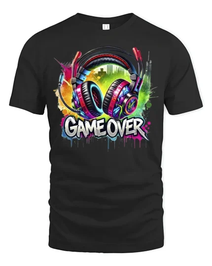 Game Over Headphones T-Shirt - black t-shirt on white background