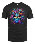 Colorful Owl T-Shirt Funny Cute Bird Tee - black t-shirt on white background