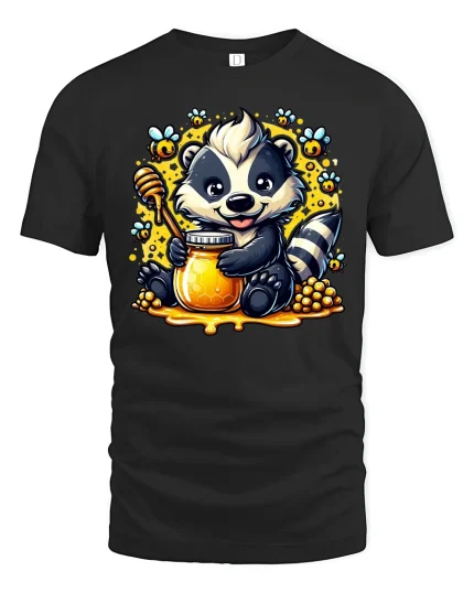 Cute Raccoon With Honey Jar T-Shirt - black t-shirt on white background
