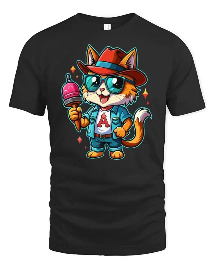 Cool Cat With Ice Cream T-Shirt - black t-shirt on white background