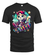Cool Skateboard Cat T-Shirt - black t-shirt on white background