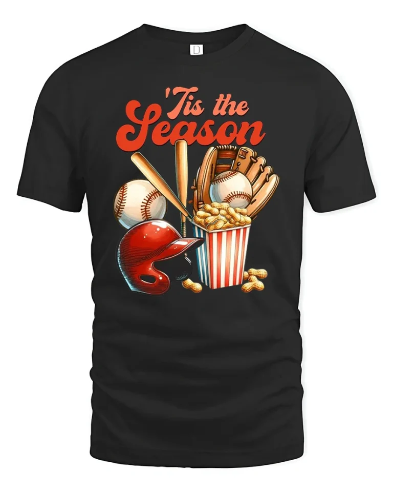 ’Tis The Season Baseball Fan Funny T-Shirt - black t-shirt on white background