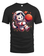 Space Cat Dunking Basketball Funny T-Shirt - black t-shirt on white background