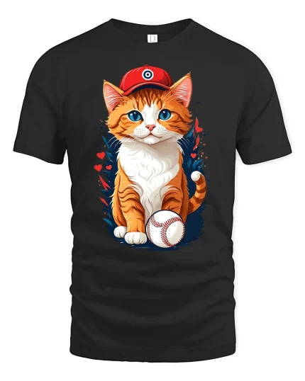 Cute Baseball Cat Wearing Cap T-Shirt - black t-shirt on white background