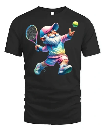 Funny Tennis Gnome Playing Sport T-Shirt - black t-shirt on white background