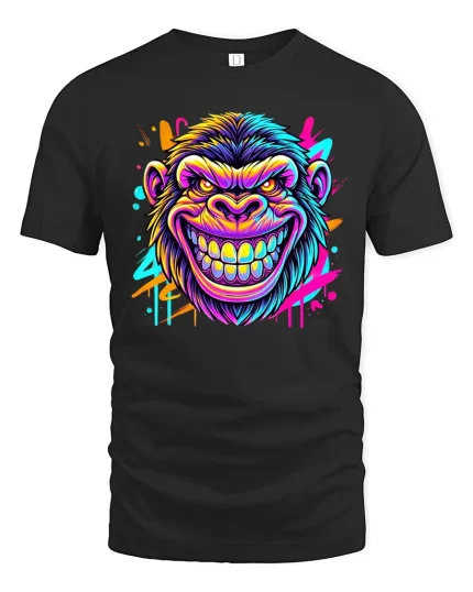 Neon Gorilla Grin Graphic T-Shirt - black t-shirt on white background