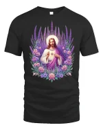 Sacred Heart Jesus Floral Art Christian T-Shirt - black t-shirt on white background
