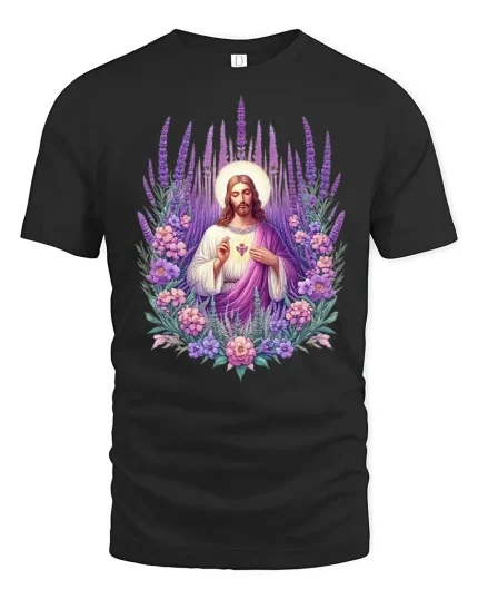 Sacred Heart Jesus Floral Art Christian T-Shirt - black t-shirt on white background
