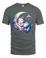 Dreamy Cat Sleeping On Crescent T-Shirt - gray t-shirt on white background