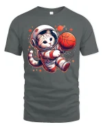 Space Cat Dunking Basketball Funny T-Shirt - gray t-shirt on white background