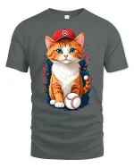 Cute Baseball Cat Wearing Cap T-Shirt - gray t-shirt on white background