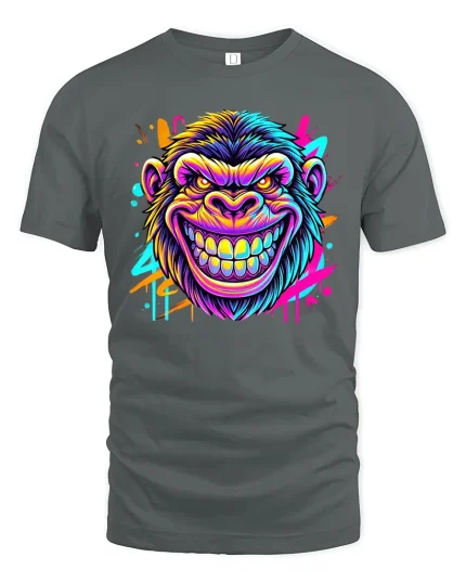 Neon Gorilla Grin Graphic T-Shirt - gray t-shirt on white background