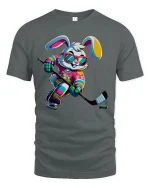 Cool Hockey Bunny Neon Player Funny T-Shirt - gray t-shirt on white background