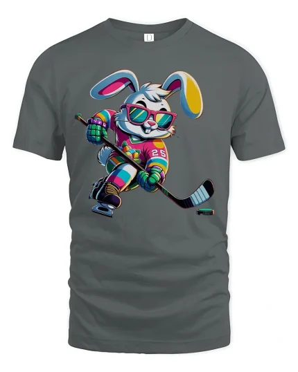 Cool Hockey Bunny Neon Player Funny T-Shirt - gray t-shirt on white background