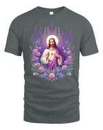 Sacred Heart Jesus Floral Art Christian T-Shirt - gray t-shirt on white background