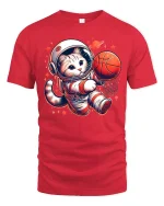 Space Cat Dunking Basketball Funny T-Shirt - red t-shirt on white background