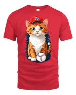 Cute Baseball Cat Wearing Cap T-Shirt - red t-shirt on white background