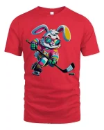 Cool Hockey Bunny Neon Player Funny T-Shirt - red t-shirt on white background