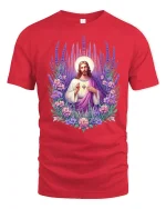 Sacred Heart Jesus Floral Art Christian T-Shirt - red t-shirt on white background