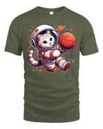 Space Cat Dunking Basketball Funny T-Shirt - military green t-shirt on white background