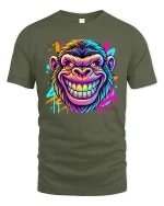 Neon Gorilla Grin Graphic T-Shirt - military green t-shirt on white background