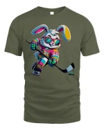 Cool Hockey Bunny Neon Player Funny T-Shirt - military green t-shirt on white background