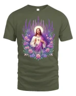 Sacred Heart Jesus Floral Art Christian T-Shirt - military green t-shirt on white background