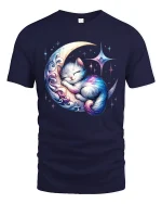 Dreamy Cat Sleeping On Crescent T-Shirt - navy t-shirt on white background