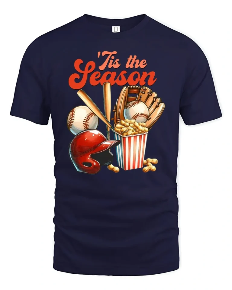 ’Tis The Season Baseball Fan Funny T-Shirt - navy t-shirt on white background