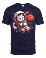 Space Cat Dunking Basketball Funny T-Shirt - navy t-shirt on white background