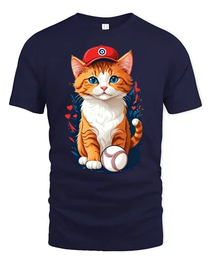 Cute Baseball Cat Wearing Cap T-Shirt - navy t-shirt on white background