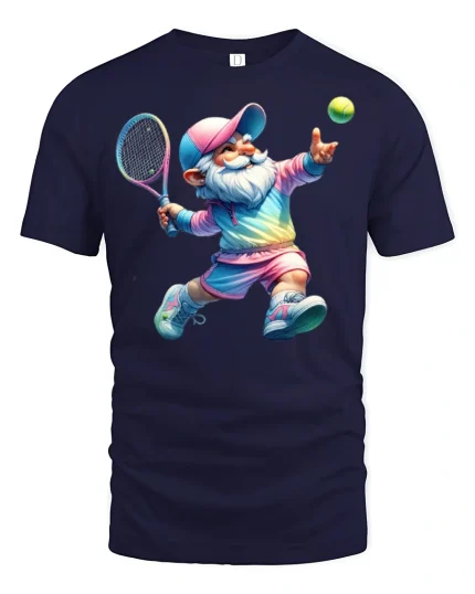 Funny Tennis Gnome Playing Sport T-Shirt - navy t-shirt on white background