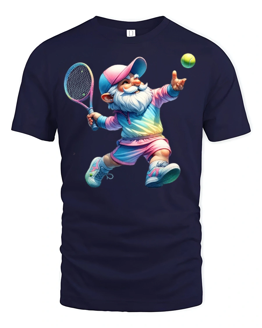 Funny Tennis Gnome Playing Sport T-Shirt - 1 Funny Tennis Gnome Playing Sport T-Shirt - navy t-shirt on white background