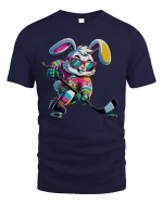 Cool Hockey Bunny Neon Player Funny T-Shirt - navy t-shirt on white background