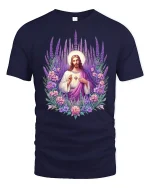 Sacred Heart Jesus Floral Art Christian T-Shirt - navy t-shirt on white background