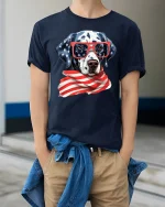 Patriotic Dalmatian USA Flag T-Shirt - model wearing Navy T-shirt, hands in pockets, denim shirt at waist