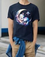 Dreamy Cat Sleeping On Crescent T-Shirt - model wearing Navy T-shirt, hands in pockets, denim shirt at waist