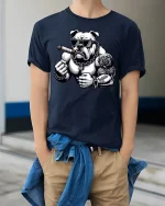 Tough Bulldog Smoking Cigar Cool Muscle T-Shirt - model wearing Navy T-shirt, hands in pockets, denim shirt at waist