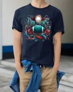 Dolphins Football Fan Art Cool Game Day T-Shirt - model wearing Navy T-shirt, hands in pockets, denim shirt at waist